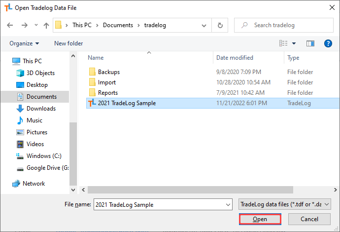 Opening an Existing Data File – TradeLog Software
