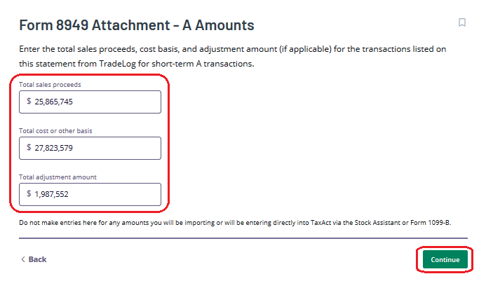 Entering Form 8949 Totals Into TaxACT® – TradeLog Software