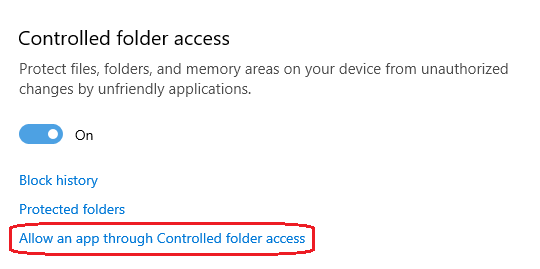 controlled folder access blocked from making changes to memory